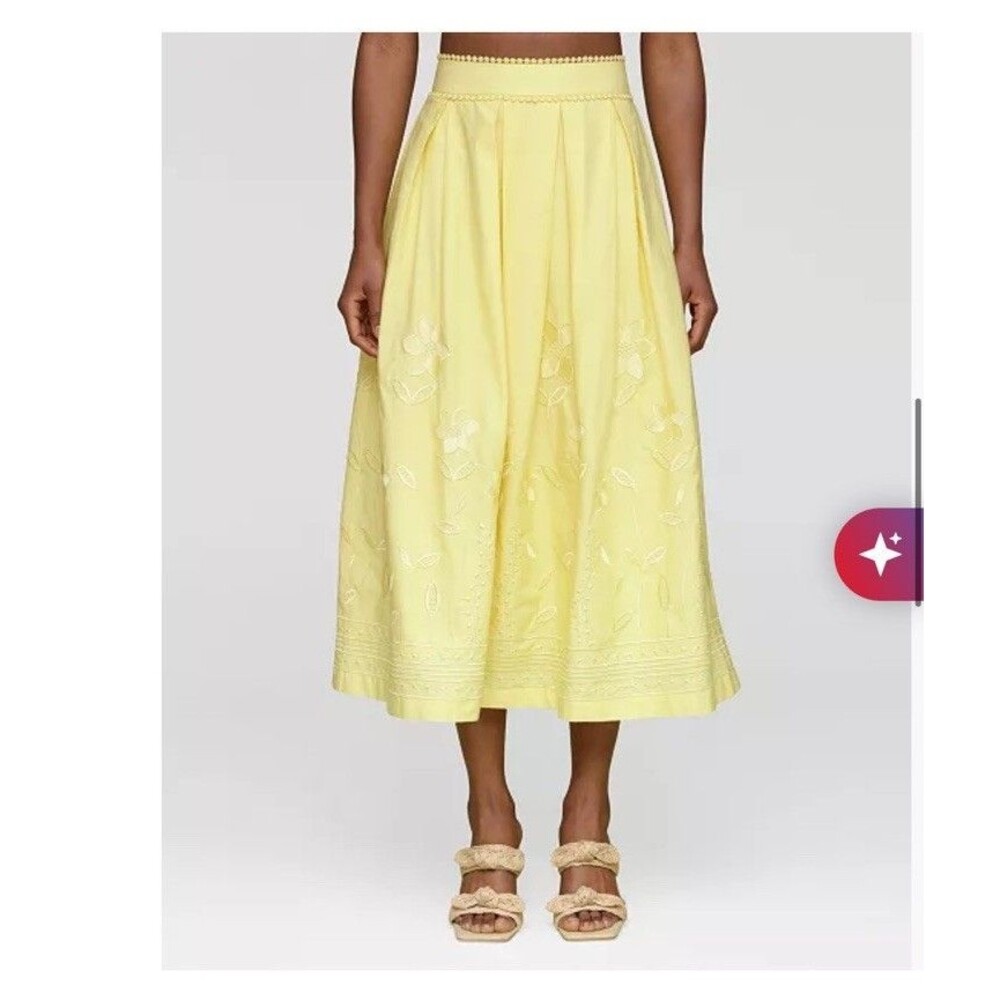 Avec Les Filles Bright Butter Yellow Embroidered Daisy Midi Skirt Size 10